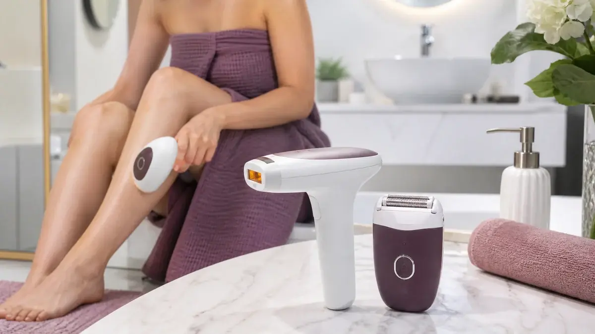 IPL-håndsæt og kompakt epilator sammenlignet på et badeværelse