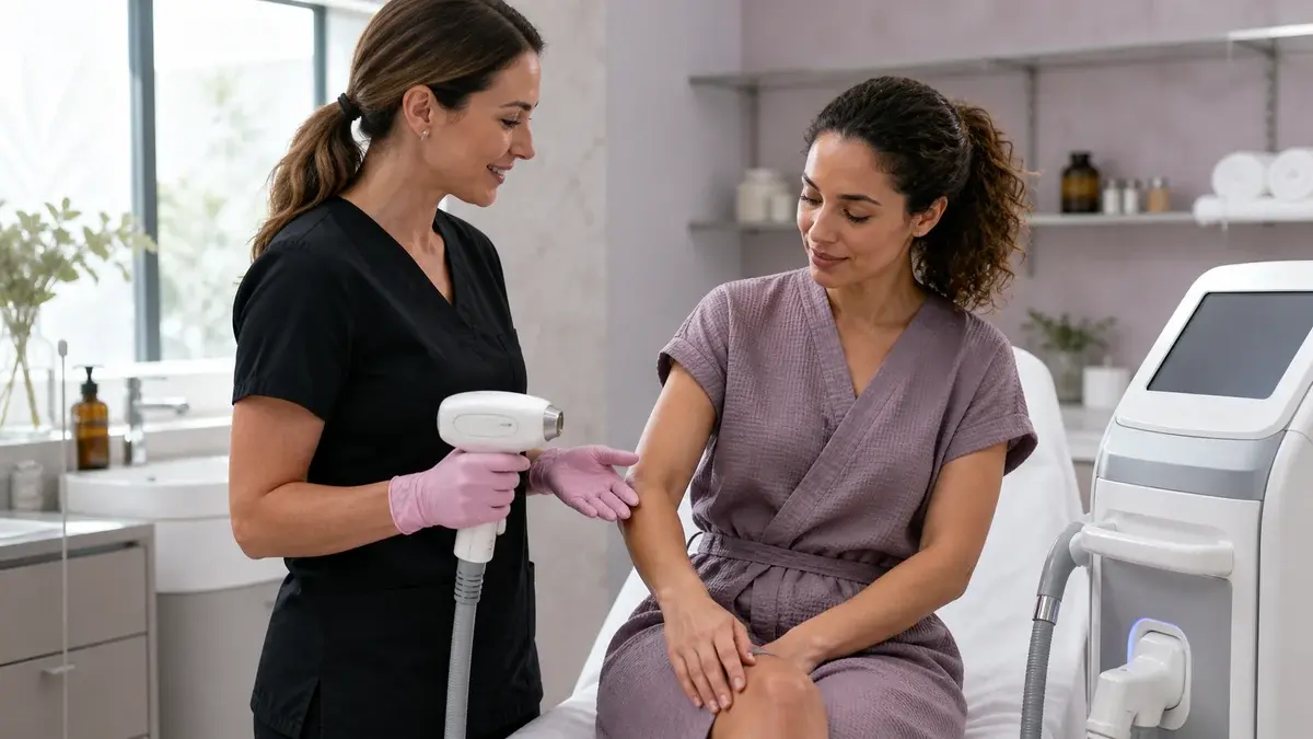 Klient i samtale med behandler ved en kliniklaser